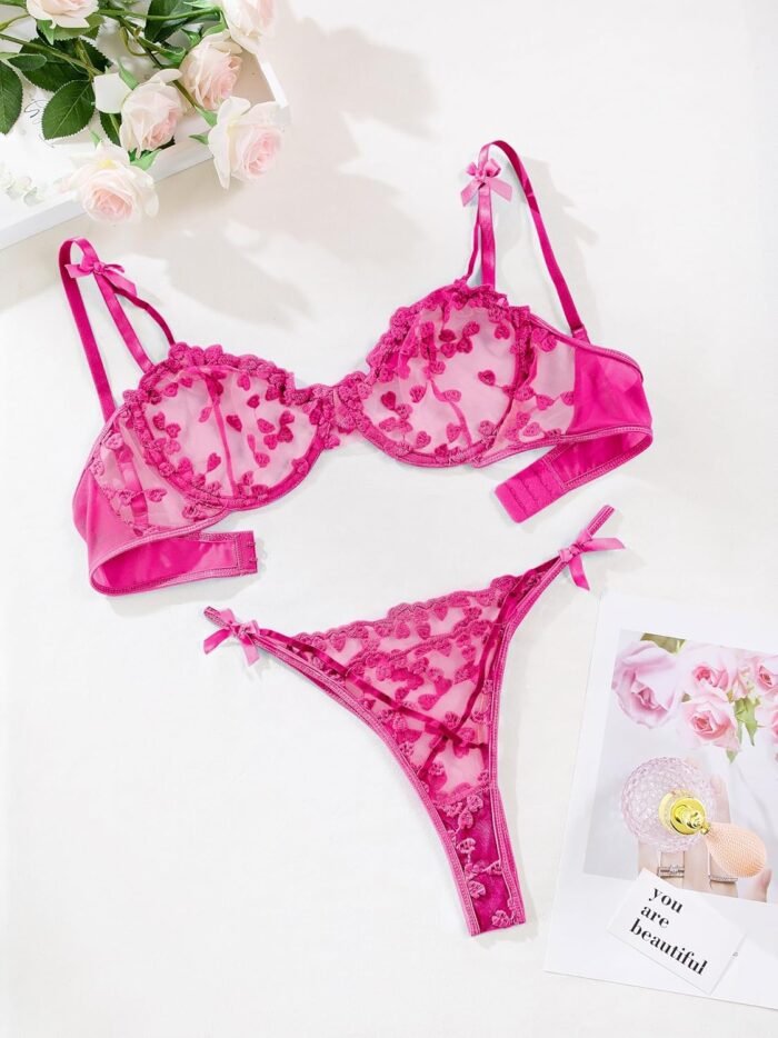 Lilosy Sexy Underwire Cute Push Up Strappy Embroidered Mesh Sheer Lingerie Set See Through Panty Bra - Image 6