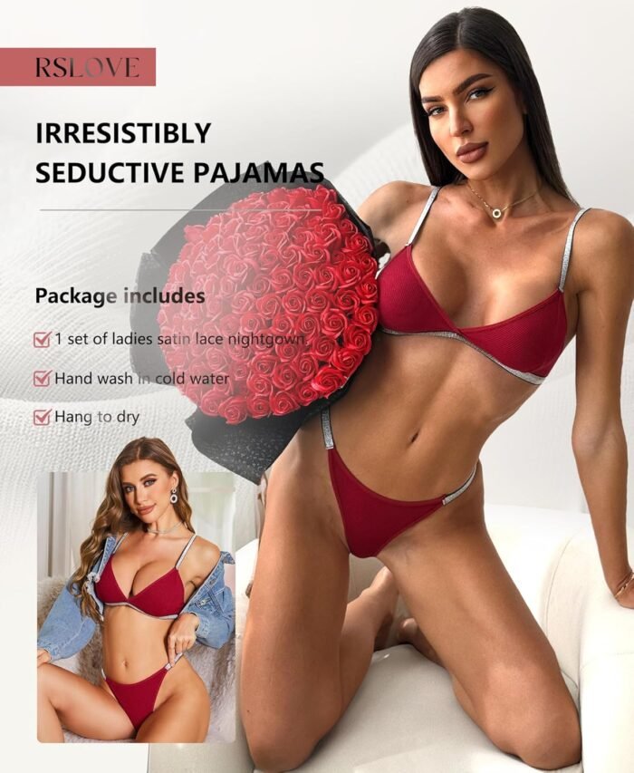 RSLOVE Lingerie Set for Women Sexy - V Neck 2 Piece Push Up Bra and Panty Sets Women's Garter Belt Bodysuit Shiny Outfits - Image 5