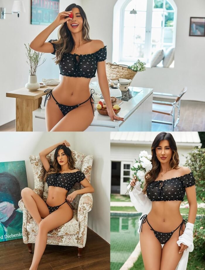 Avidlove Bra and Panty Set Ruffle Lingerie Set Mesh Babydoll Chemise - Image 5