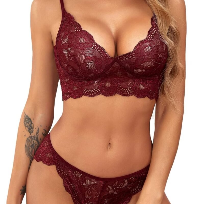 ADOME Women's Lace Lingerie Bra and Panty Set Strappy Babydoll Bodysuit S-XXL