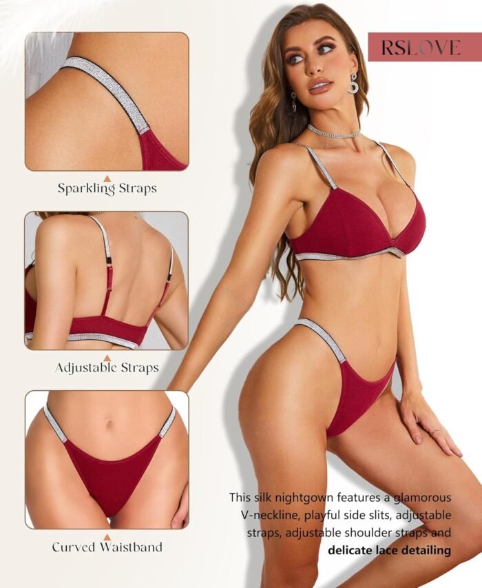 RSLOVE Lingerie Set for Women Sexy - V Neck 2 Piece Push Up Bra and Panty Sets Women's Garter Belt Bodysuit Shiny Outfits - Image 3