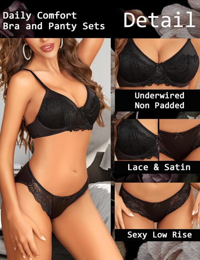 Avidlove Lingerie Sets for Women Sexy 2 Piece Bra and Panty Set Satin Lace Lingerie Set Underwired Lightly Unlined Bra - Image 3