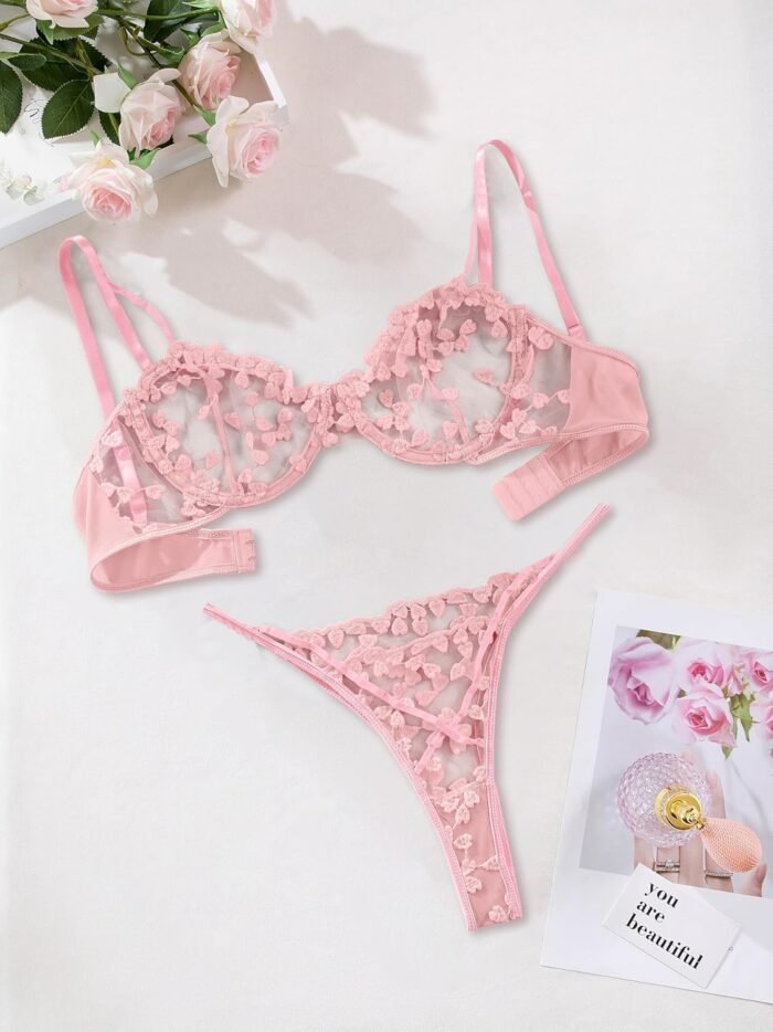 Lilosy Sexy Underwire Cute Push Up Strappy Embroidered Mesh Sheer Lingerie Set See Through Panty Bra - Image 7