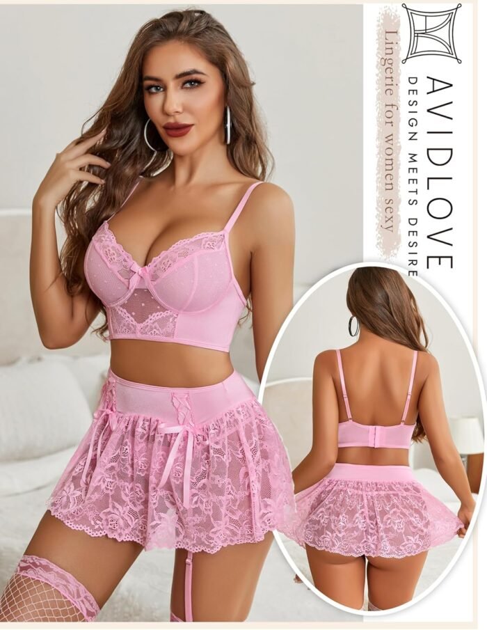 Avidlove Lingerie Set for Women 3Pcs Bralette and Panty with Lace Skirt Sexy Garter Sets (No Stockings) S-XXL - Image 4