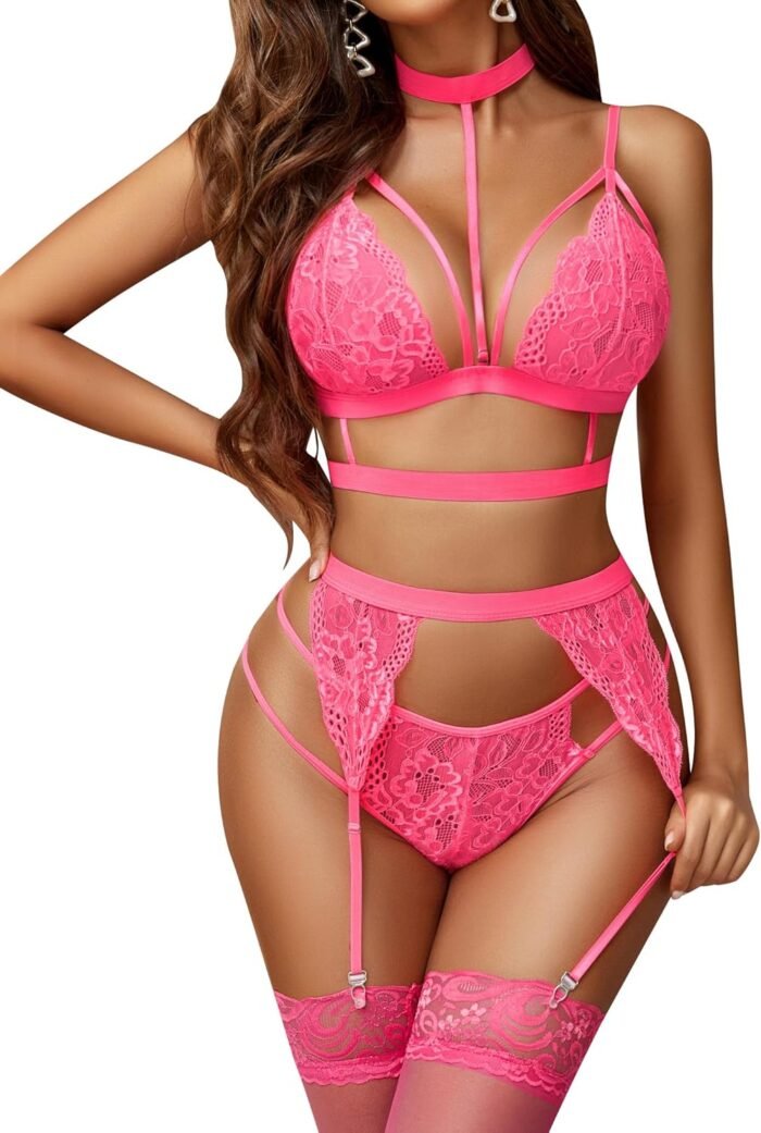Avidlove Lace Garter Lingerie Set with Removable Choker Teddy Babydoll Strappy Bra and Panty Set (No Stockings)