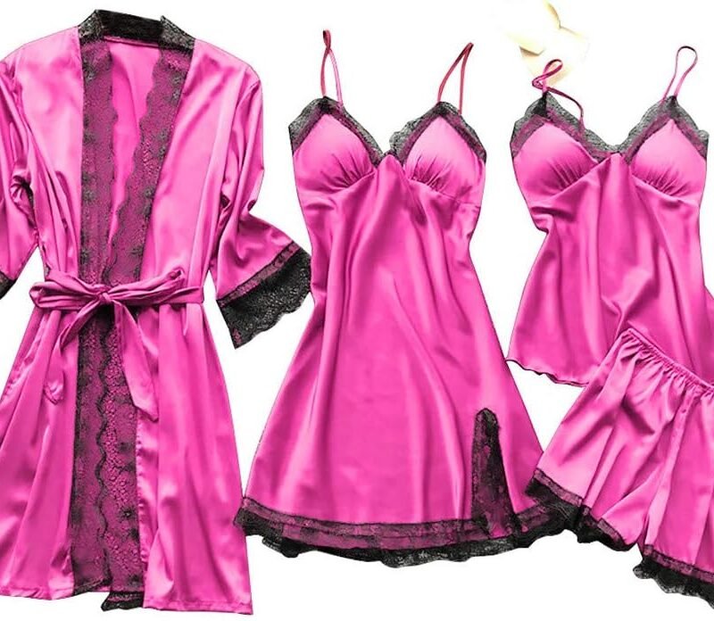 4 Piece Silky Satin Nightgrowns Sets for Women Scalloped Lace Trim Robes Bow Tie Nightdress and pajama pants Set