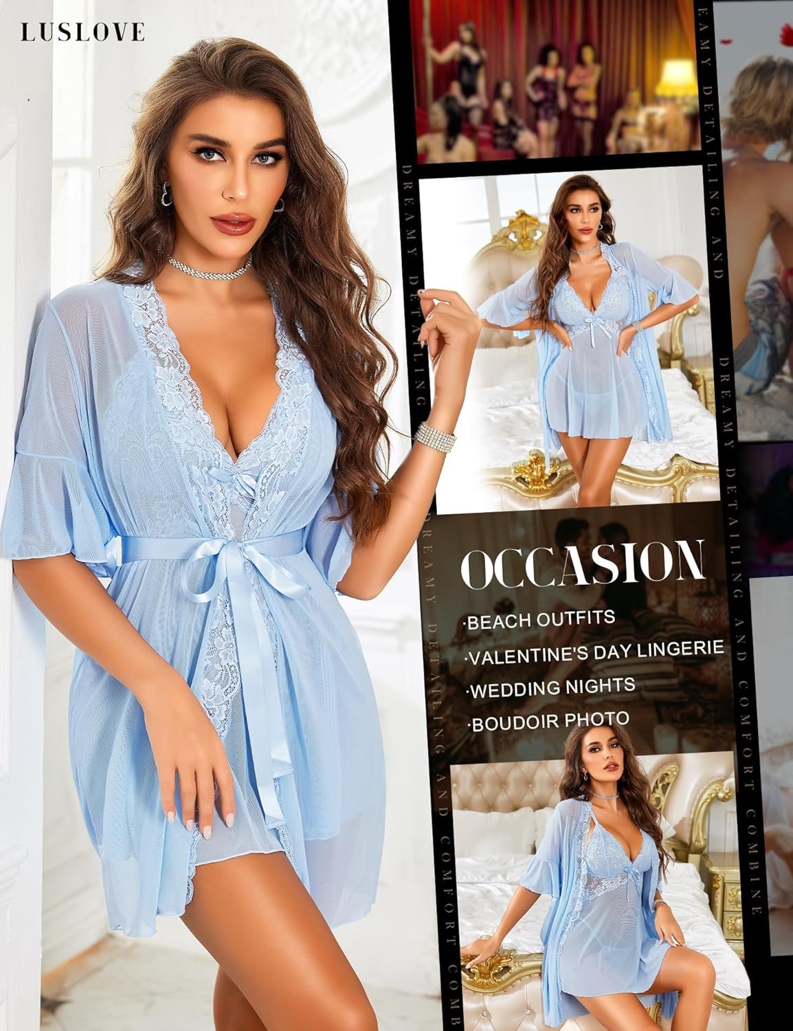 Women Sexy Lingerie Set 3 Piece Babydoll & Lace Kimono Robe Strap Chemise Nightgown Mesh Sleepwear - Image 4