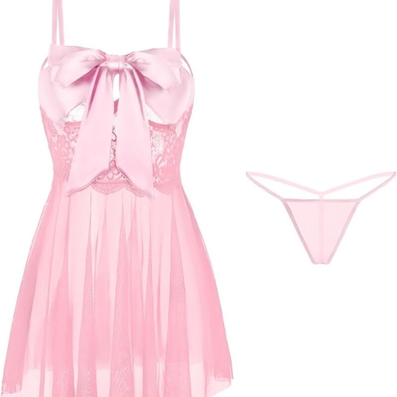 Lilosy Sexy Bow Knot Front Strappy Floral Mesh Sheer Lace Babydoll Lingerie Set Chemise With Thong