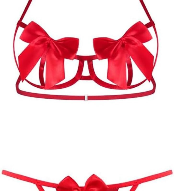 Women Cute Bowknot Bra and Panties Set Halter Neck Sexy Babydoll Lingerie Set Self Tie Straps Teddy Underwear Sleepwear Gift