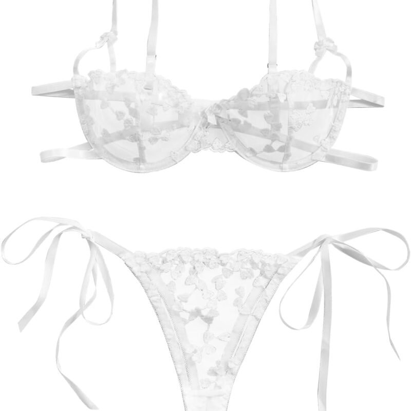 Lilosy Sexy Tie Side Cute Underwire Push Up Strappy Embroidered Mesh Sheer Lingerie Set