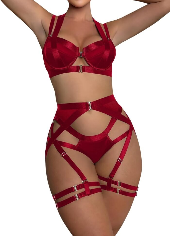 Lilosy Sexy Strappy Underwire Push Up Garter Belt Women Lingerie Set Harness Cutout Outfits Matching Bra Panty 3 Piece - Image 3