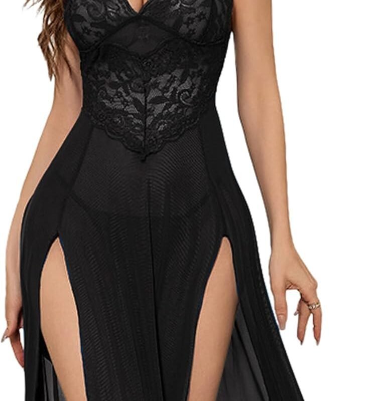 Sexy Split Mesh Lace Floral Sheer Babydoll Lingerie Outfit Dress 2 Piece with Thong Set