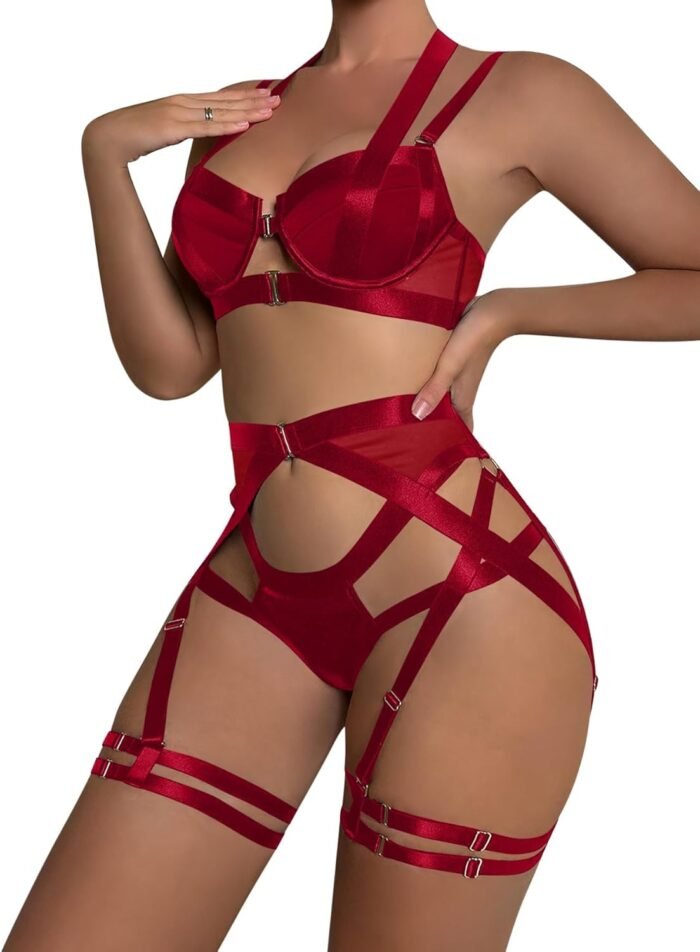 Lilosy Sexy Strappy Underwire Push Up Garter Belt Women Lingerie Set Harness Cutout Outfits Matching Bra Panty 3 Piece - Image 2