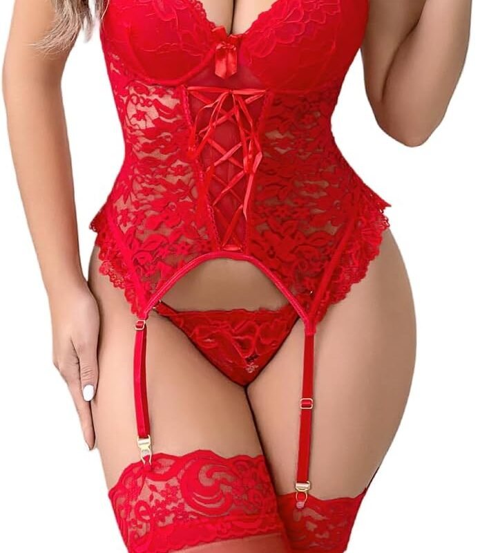 Women's Sexy Lingerie Set with Garter Belt Lace Bodysuit Teddy Baby Dolls Panty with Stockings