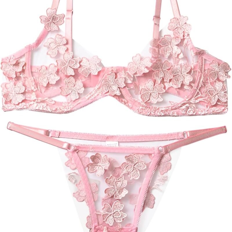 Lilosy Sexy Applique Floral Mesh Sheer Underwire Lingerie Set 2 Piece