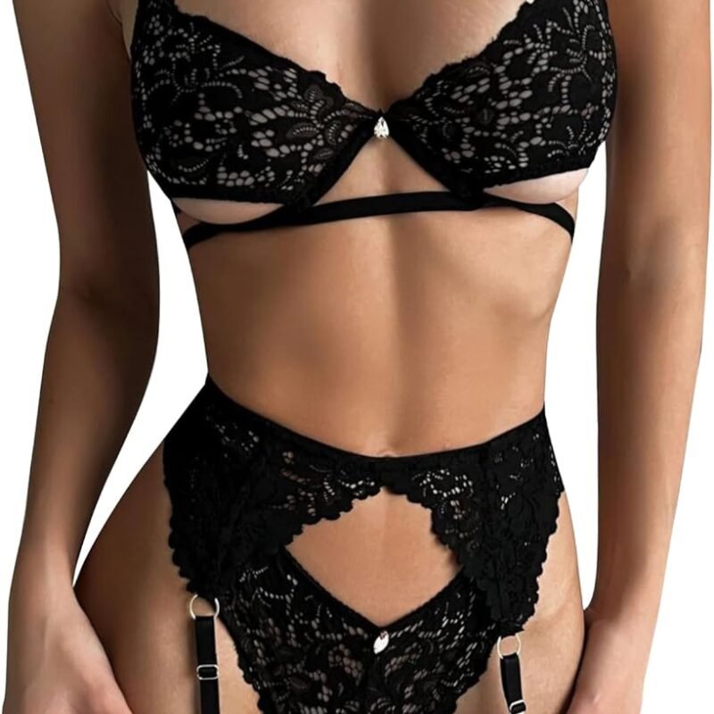 Lingerie Sets for Women Sexy,Lace Floral Lingerie Set with Garter Belt 3 Piece Sexy Bra and Panty Sets
