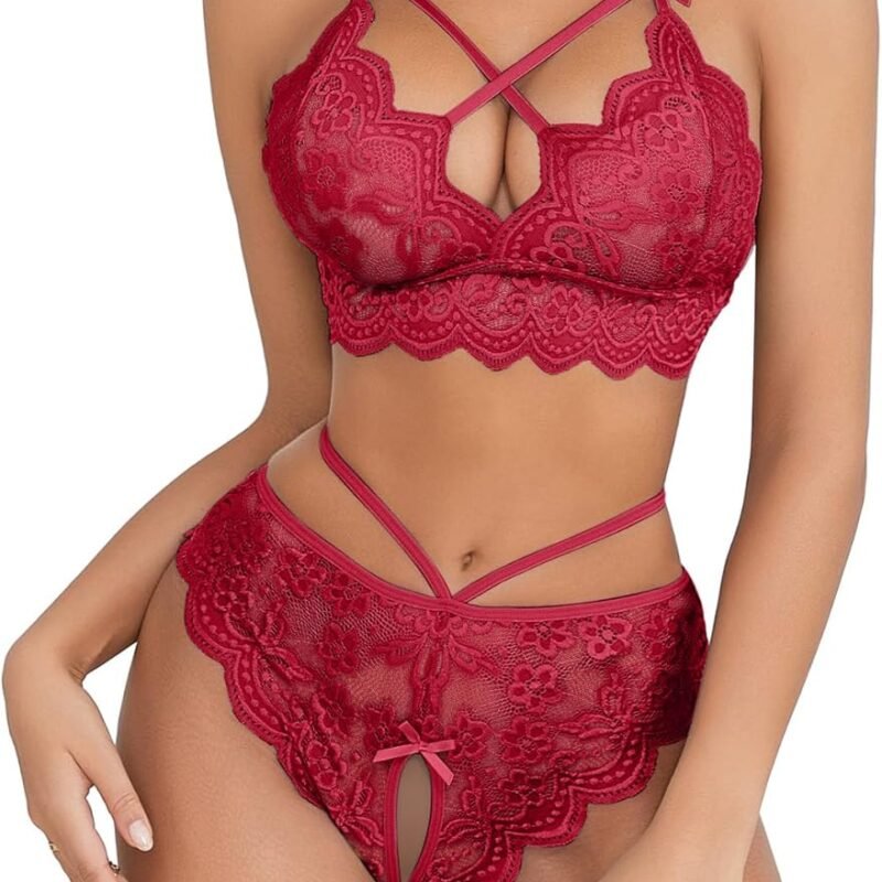 Lilosy Sexy Strappy Women Floral Lace High Waist Pajamas Lingerie Set