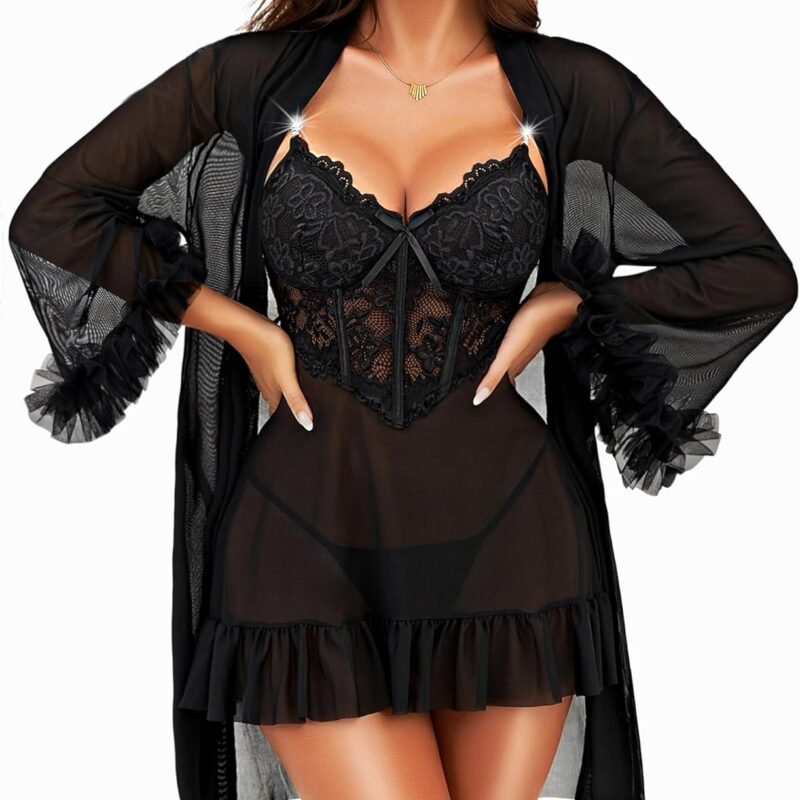 RSLOVE Lingerie Sets for Women Sexy - 2 Piece Babydoll & Lace Kimono Robe Set Strap Chemise Sleepwear Mesh Nightgown Ruffled