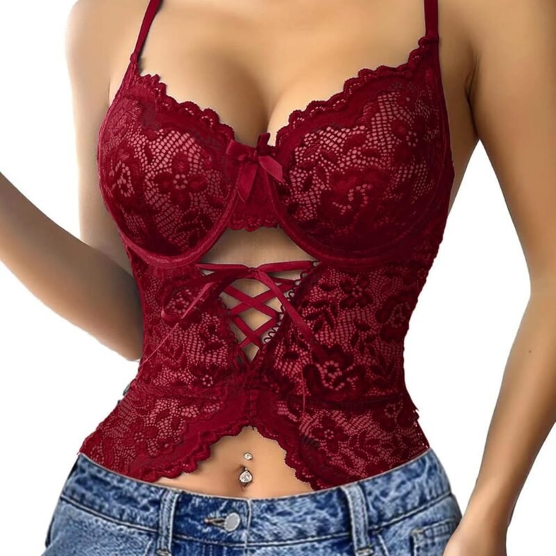 Lilosy Sexy Criss Cross Corset Underwire Floral Lace Sheer Garter Belt Lingerie Set 2 Piece