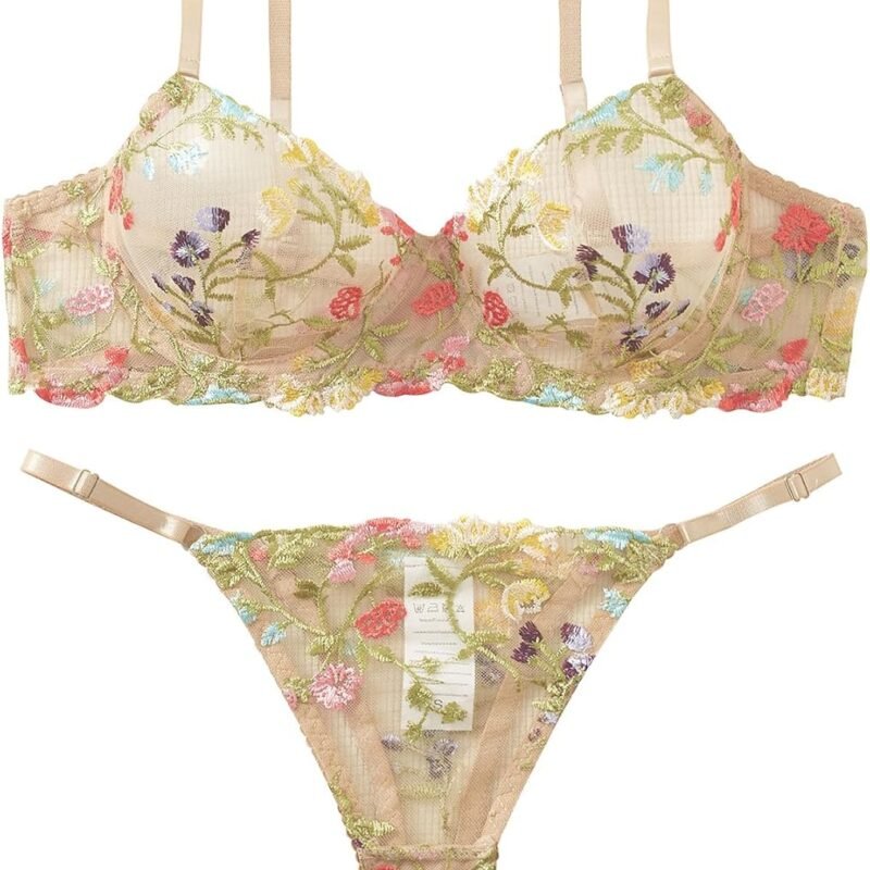 Sexy Floral Embroidered Flower Mesh Underwire Push Up Lingerie Set