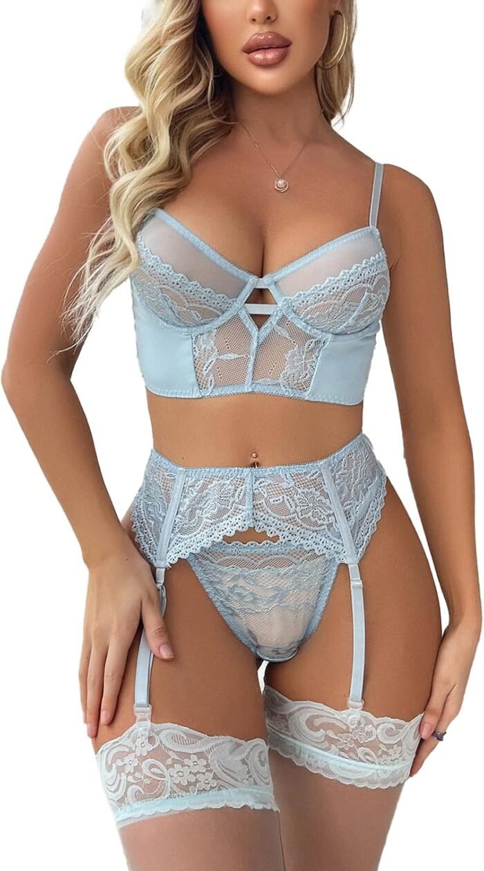 Women's Sexy Lingerie with Waist Garter Embroidered Lace Flower Bra and G-String 4 Piece Lingerie Sets