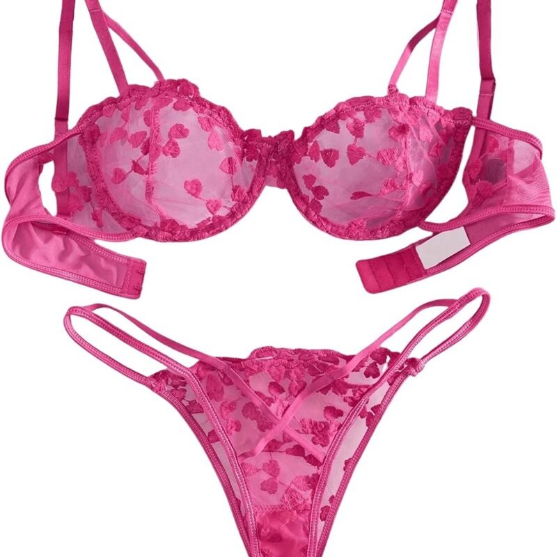 GORGLITTER Women's Bow Bra Sexy Lingerie Set Mesh Push Up Bralette and Panty 2 Piece