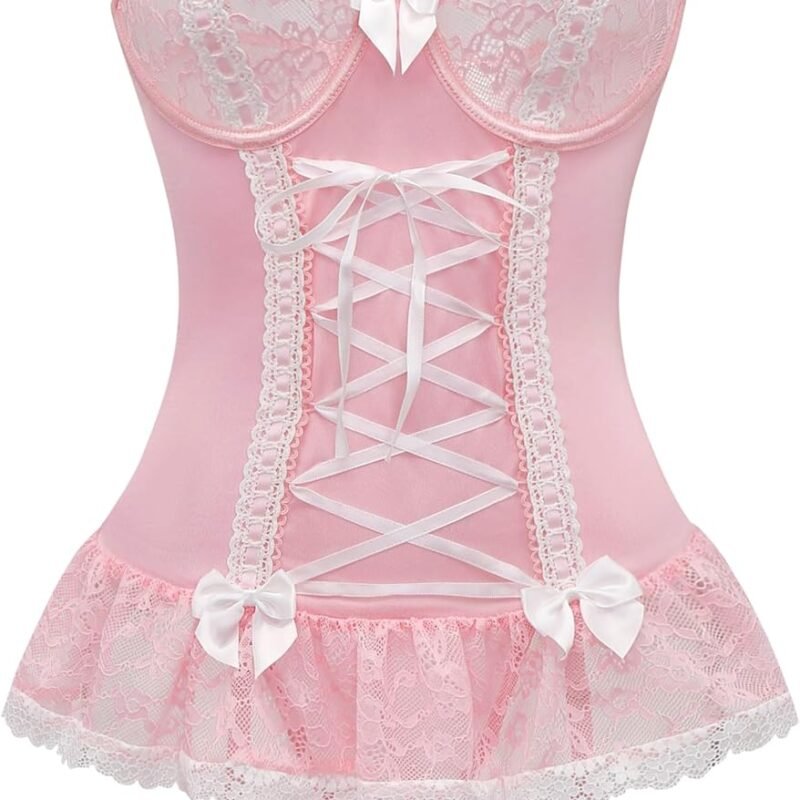 Sexy Rave Mesh Corset Ruffle Lace Up Underwire Sheer Garter Belt Babydoll Lingerie Set With Thong 3 Piece Women