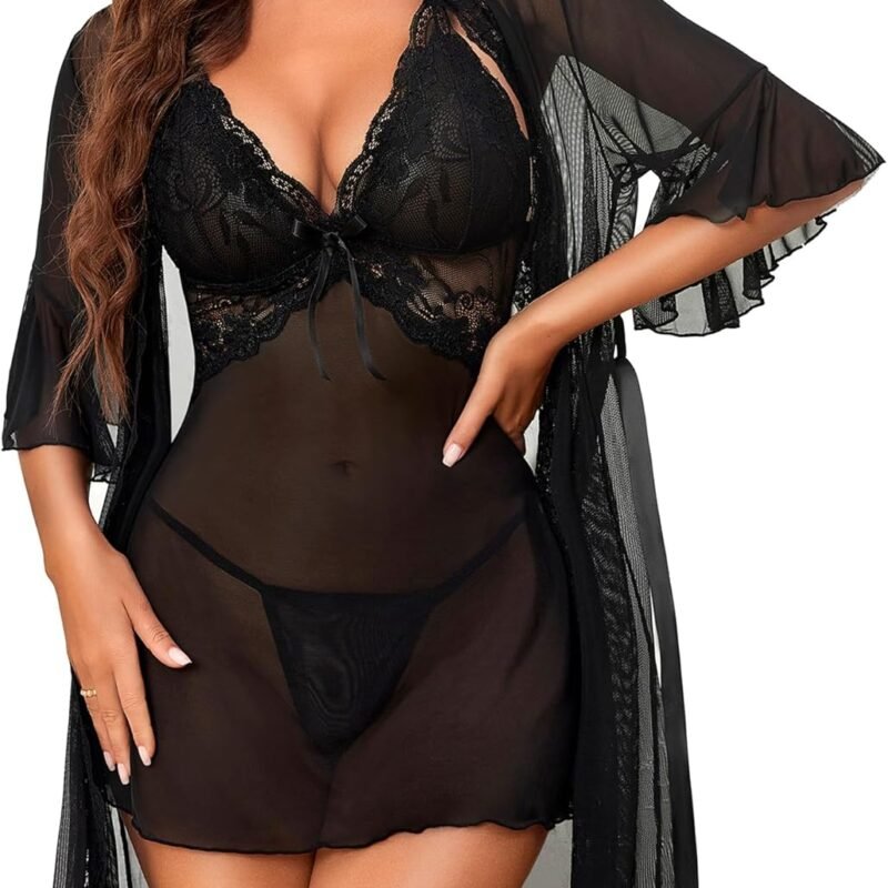 Women Sexy Lingerie Set 3 Piece Babydoll & Lace Kimono Robe Strap Chemise Nightgown Mesh Sleepwear
