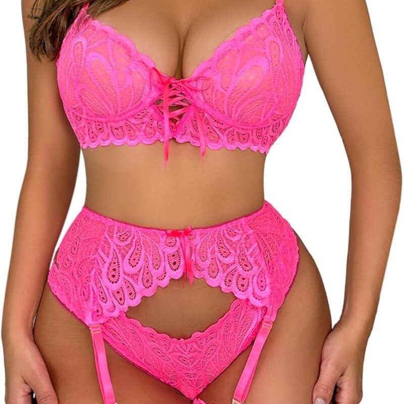 Lilosy Sexy Bow Feather Floral Lace Sheer Underwire Push Up Garter Lingerie Set