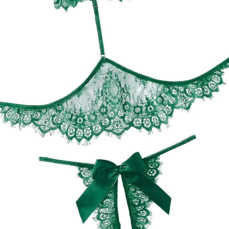 Lilosy Sexy Bow Choker Halter Floral Lace Sheer Lingerie Set for Women See Through Bra and Panty 2 Piece