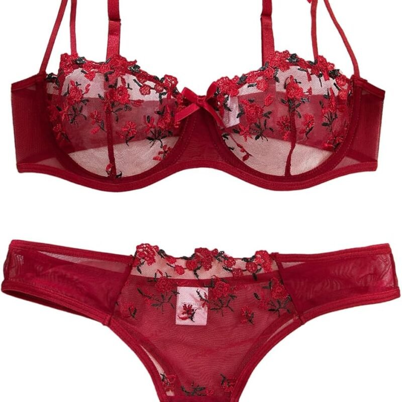 Lilosy Sexy Bows Floral Embroidered Mesh Sheer Underwire Lingerie Set 2 Piece