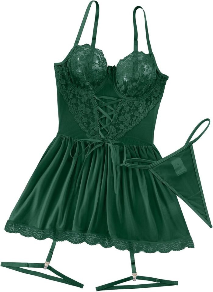 Lilosy Sexy Garter Belt Mesh Lace Babydoll Lingerie Dress Set with Thong - Image 6