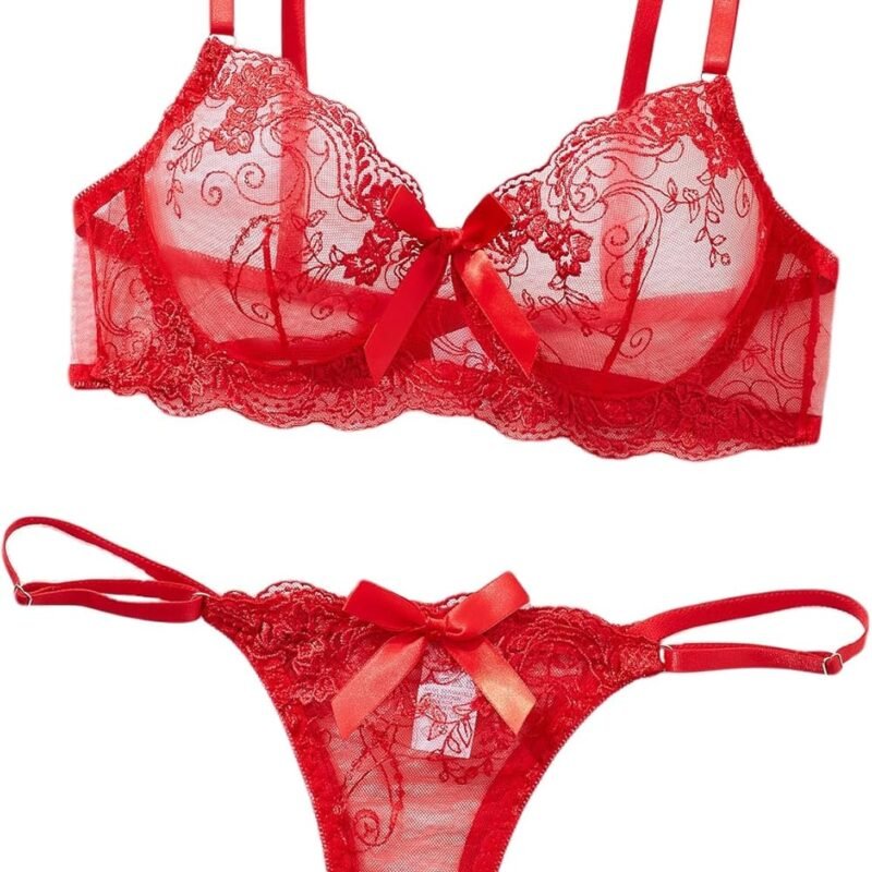 Sexy Floral Embroidery Mesh Sheer Underwire Push Up Lingerie Set 2 Piece