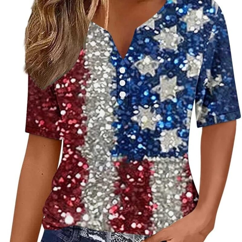 Patriotic T Shirt for Women 4th of July American Flag Print Short Sleeve Tops Casual V Neck Button Down Blouse