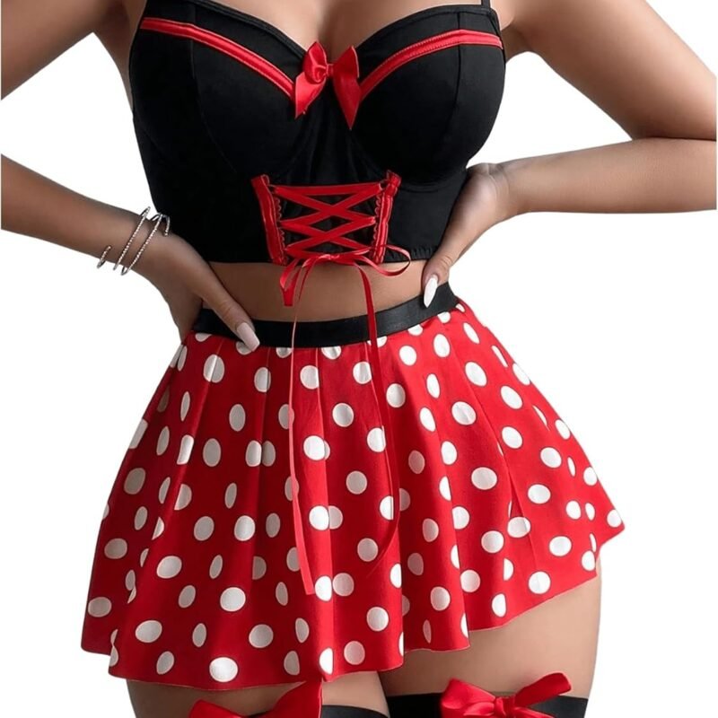 Verdusa Women's 5 Piece Lingerie Set Bow Tie Camisole Polka Dots Pleated Skirt and Thong with Garter