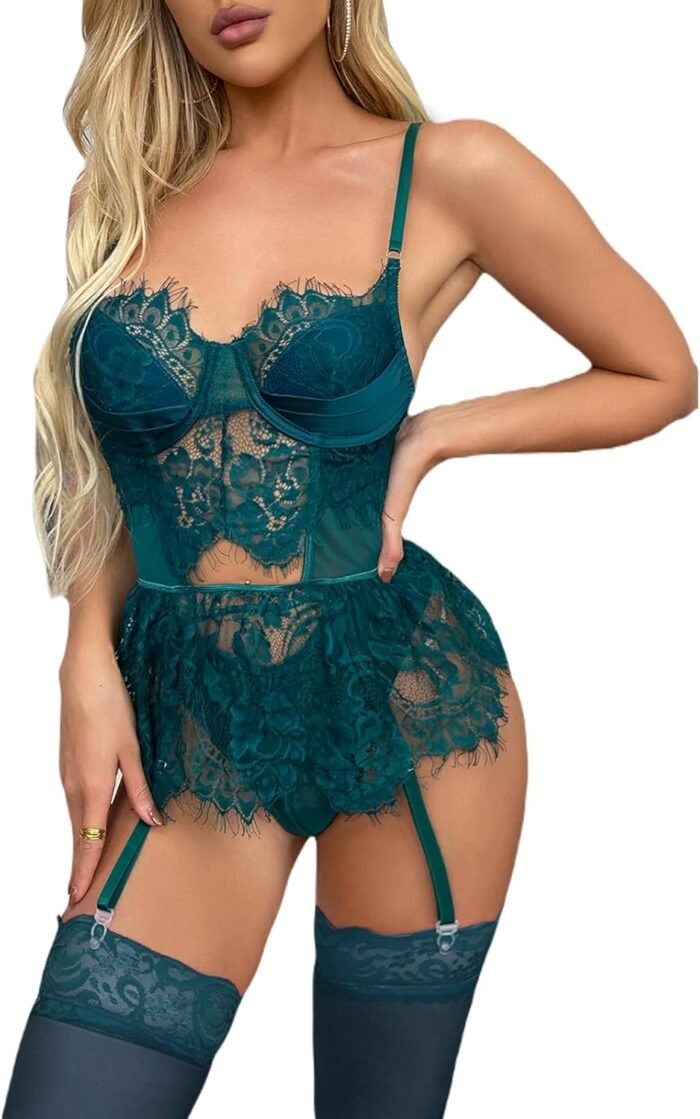 Sexy Lingerie 3 Piece Set Women Lace Bodysuit with G-String and Stockings Push Up Bralette Sheer Mesh Cute Outfits
