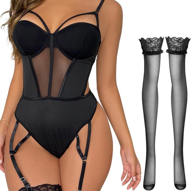 Lilosy Sexy Stocking Strappy Garter Underwire Mesh Babydoll Teddy Bodysuit Lingerie