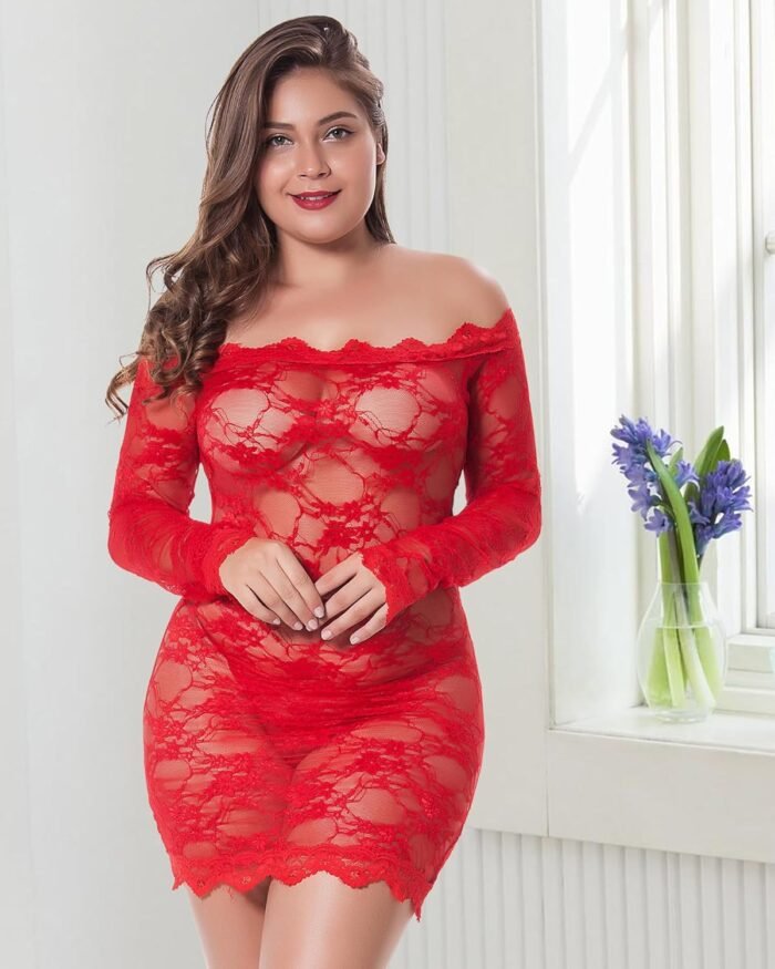 LINGERLOVE Plus Size Women's Sexy Babydoll Dress Lingerie Floral Lace Off Shoulder Chemise Sleepwear - Image 3