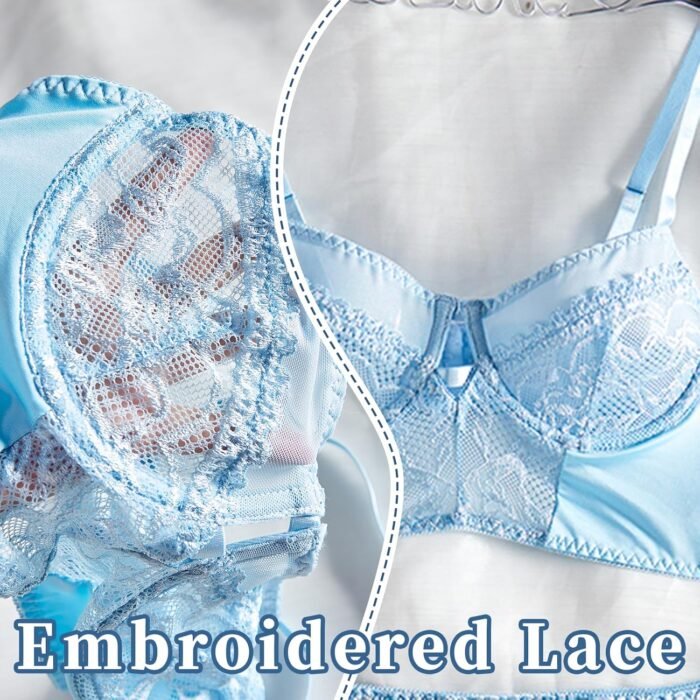 Women's Sexy Lingerie with Waist Garter Embroidered Lace Flower Bra and G-String 4 Piece Lingerie Sets - Image 4