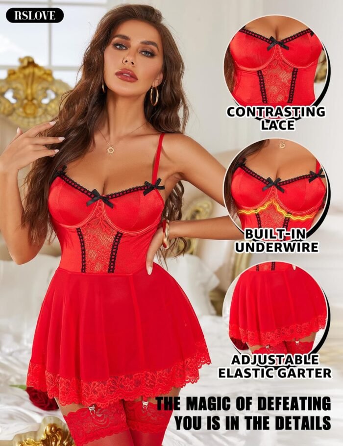 RSLOVE Sexy Lingerie for Women - Sexy Babydoll Lace Nightdress Mesh Chemise Underwire Teddy Lingerie with Garter Belt - Image 3