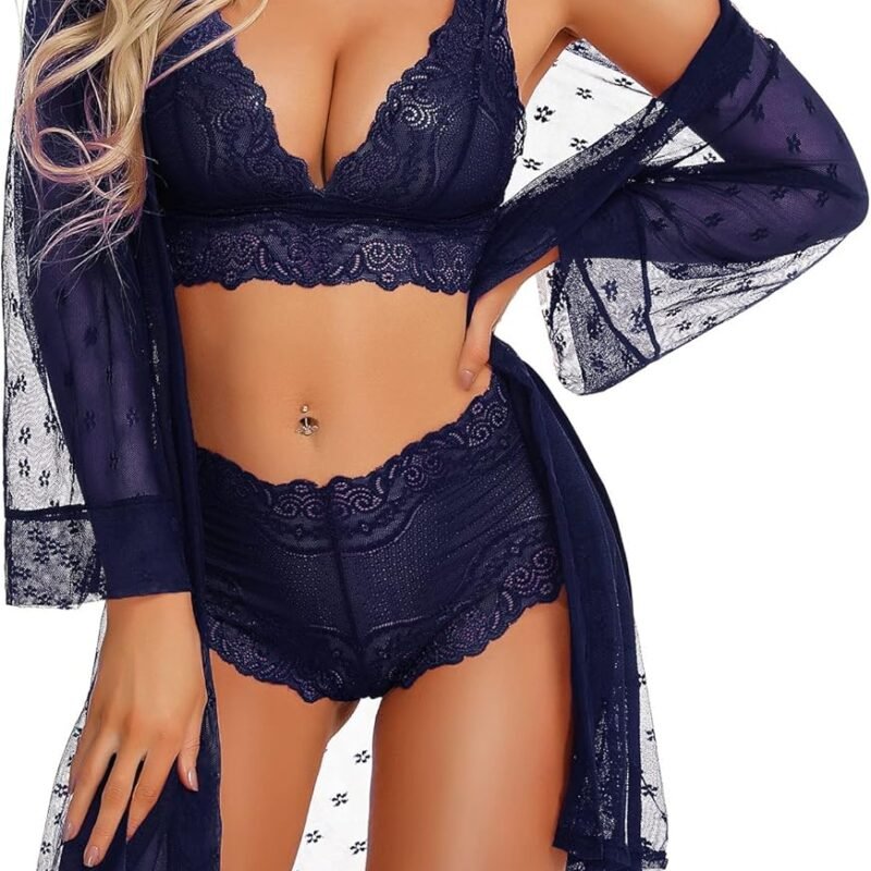 RSLOVE Women Sexy Lingerie Set 3 Piece Lace Kimono Robe with Bra and Panty Sheer Sleepwear