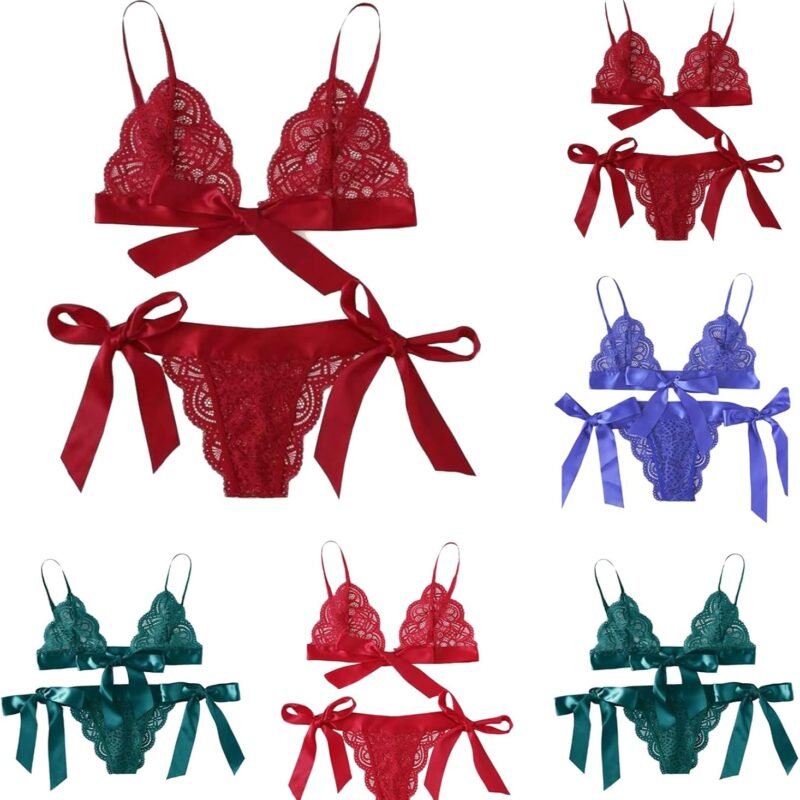 Sexy Underwire Push Up Scallop Floral Lace Sheer Lingerie Set for Women Bow Tie Bra and Panty 2 Piece Christmas