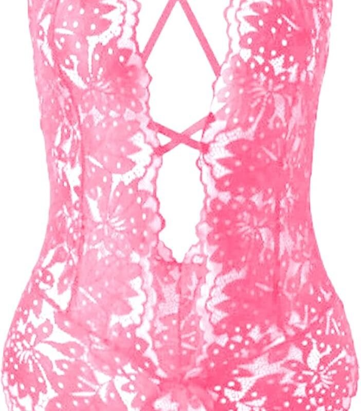 SOLY HUX Women's One Piece Lingerie Sexy Lace Babydoll Deep V Teddy Criss Cross Backless Teddy Mini Bodysuit