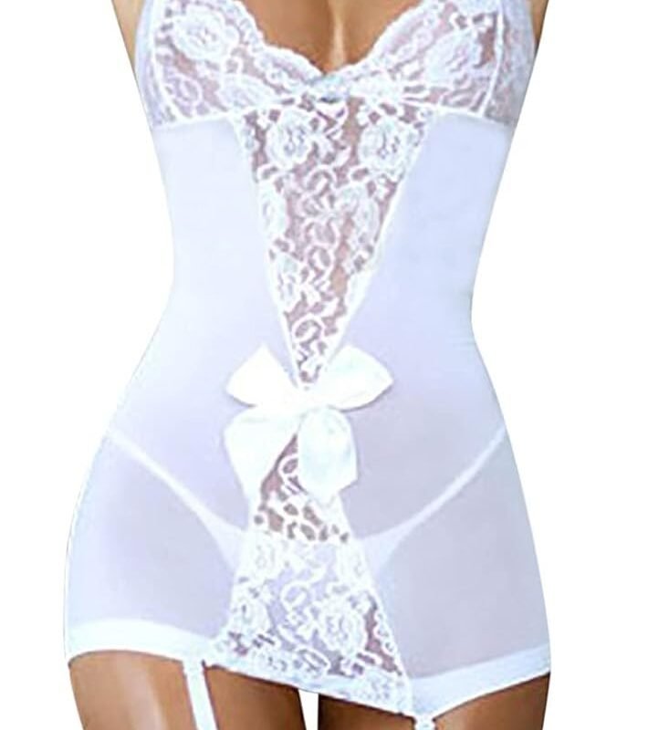 Women Sexy Garter Lingerie Lace Sheer Mesh Chemise Mini Dress Pajamas Cute Teddy Babydoll Sleepwear No Stockings