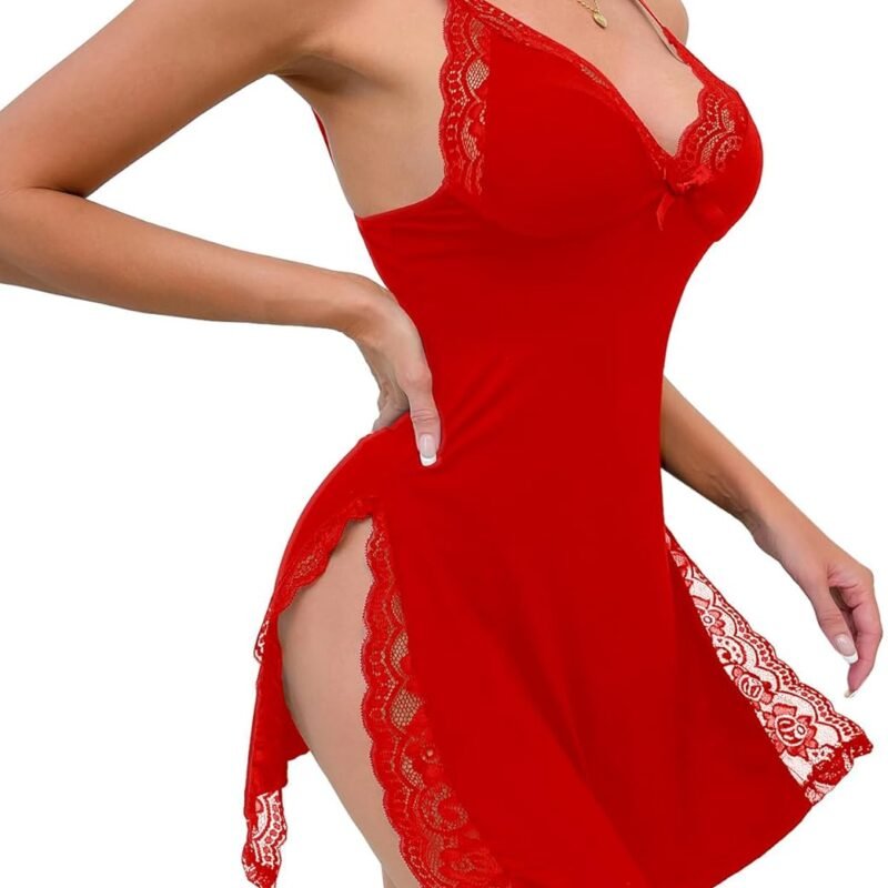 Sexy Split Side Floral Lace Trim Full Slip Night Gown Babydoll Lingerie Dress with Thong 2 piece