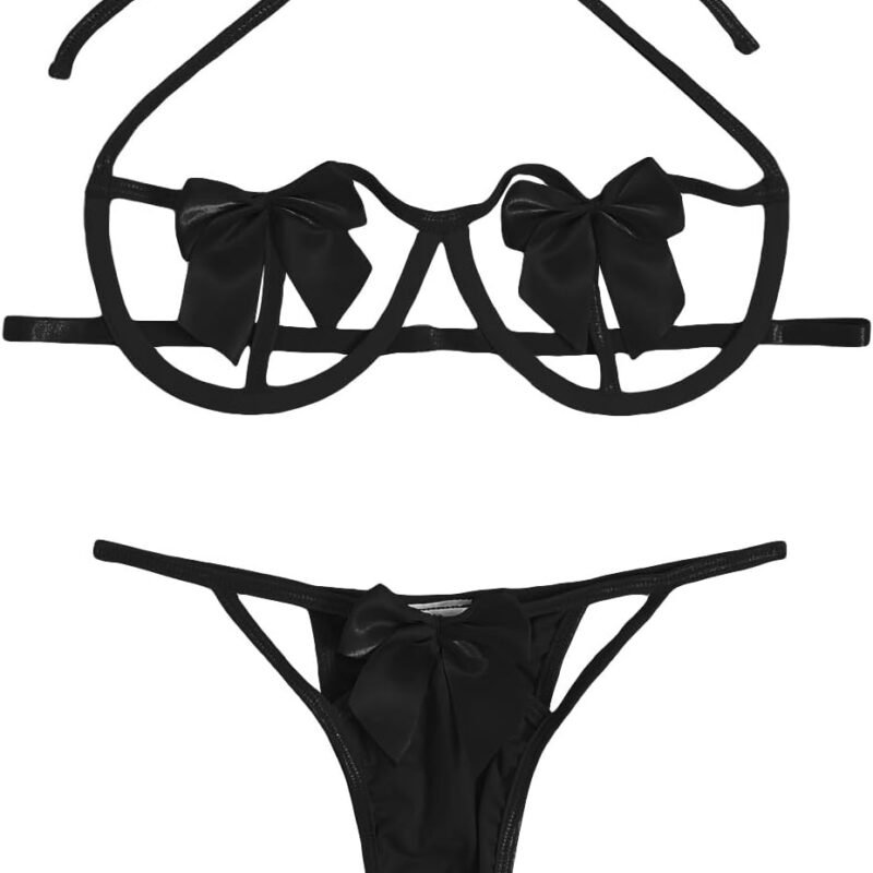 SOLY HUX Women's Two Piece Underwire Lingerie Set Bow Knot Cut Out Halter Bra and Panty Sleepwear