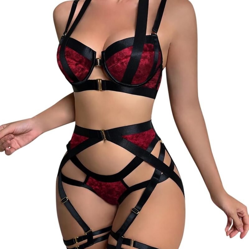 Lilosy Sexy Strappy Underwire Push Up Garter Belt Women Lingerie Set Harness Cutout Outfits Matching Bra Panty 3 Piece
