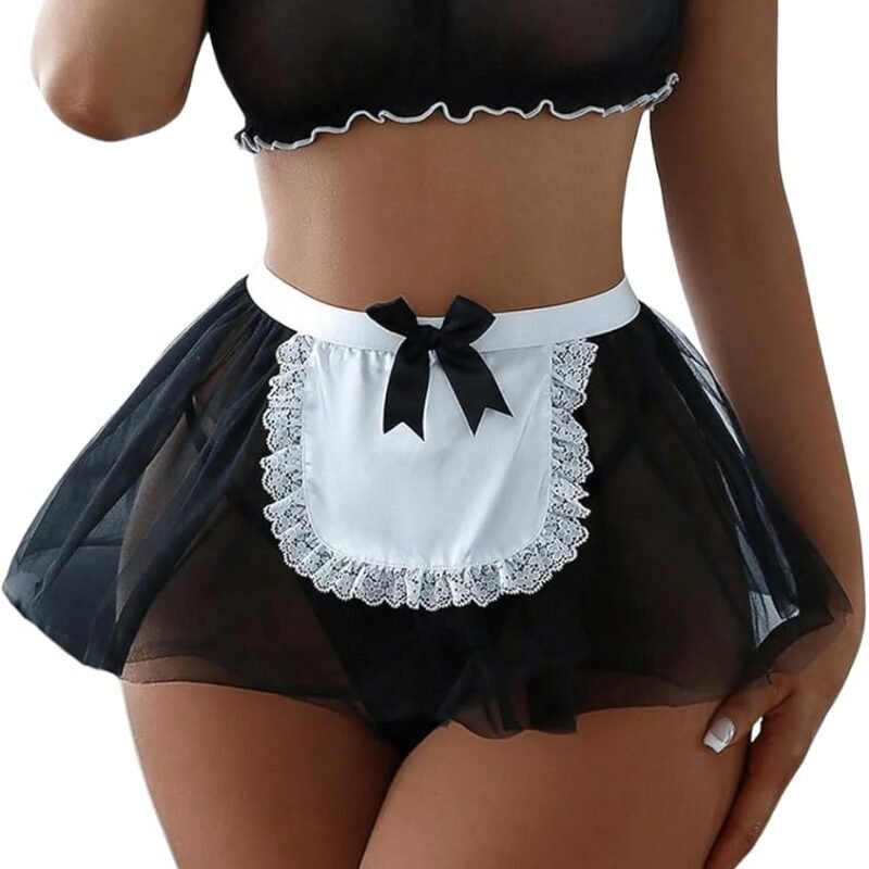 WDIRARA Women's 5 Piece Mesh Lace Trim Lingerie Set Bow Decor Frill Trim Bra Mini Skirt Thong with Stockings
