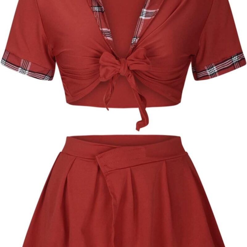 Women Schoolgirl Lingerie Sexy Roleplay Student Costumes Lingerie Set Crop Top and Mini Plaid Skirt Uniform Outfits