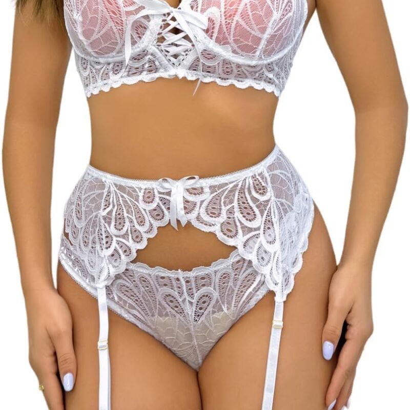Sexy Lingerie for Women,3 Piece Lace Lingerie Set Bra and Panty Sets with Garter Belt Babydoll Teddy